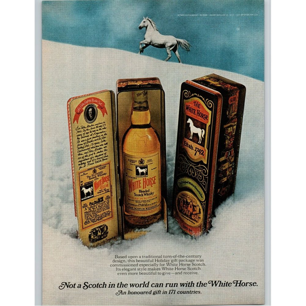1977 White Horse Blended Scotch Whiskey Vintage Print Ad Bar Decor Snow Mountain